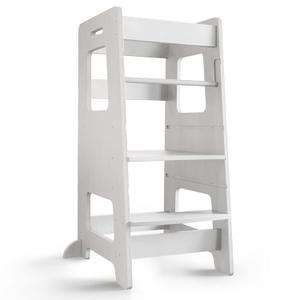 Kitchen Step Stool, WOOD CITY Toddler Kitchen Stool Helper with Safety Rail, Height Adjustable Child Standing Tower Learning Stool for Counter and Bathroom Sink (White) (White-upgrade)