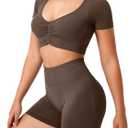 TAYOEA Crop Tops Workout for Women Yoga Short Sleeve Shirts Seamless V-Neck Gym T Shirts with Built in Pads (Brown, M)