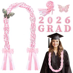 Suncalla Graduation Leis Class of 2026 Double Braided Ribbon Lei Graduation Party Idea Decor Ceremony Photo Props for High School Master College Grad Party Senior Night (Pink, White)