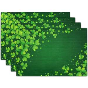 St Patricks Day Placemats Set of 4 18x12 Inch Clover Irish Shamrock Linen Place Mat Heat-Resistant Washable Wipeable Lucky Green Table Mat for Party Kitchen Dining Home Decor