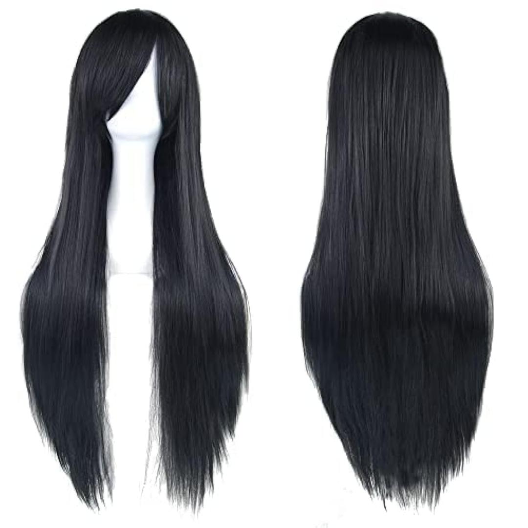 IMISSU 80cm Long Straight Natural Hair Cosplay Wigs with Bangs Colorful Halloween Costume Party Wig for Women (Black)