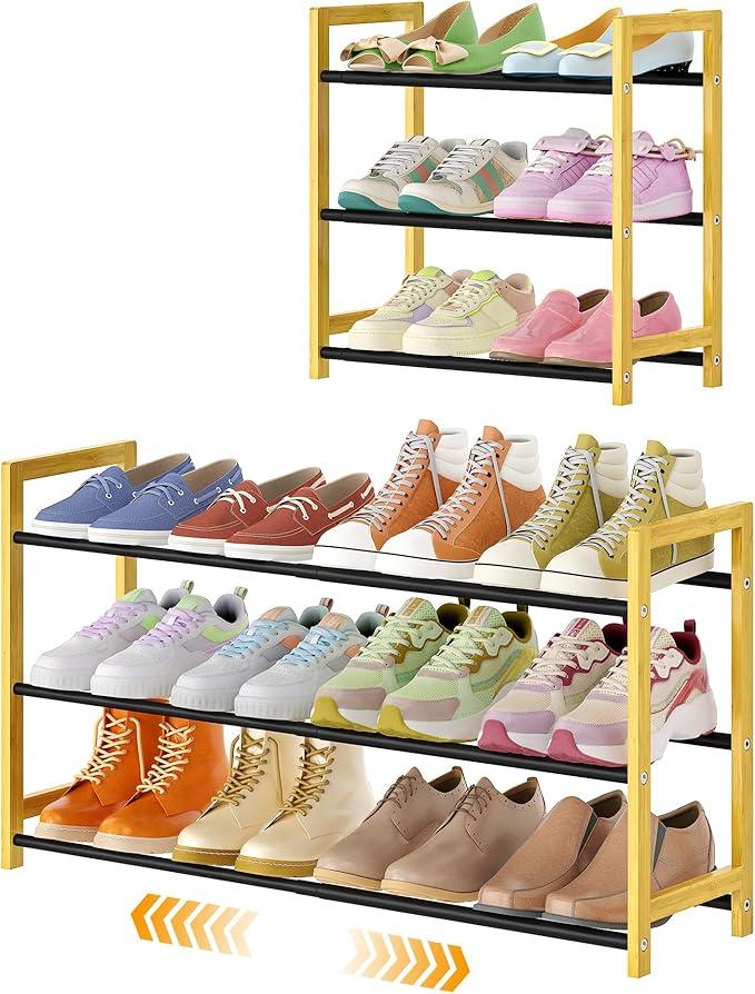 Expandable Shoe Rack for Closet,3 Tier Metal Shoes Shelf Organizer for Dorm,6-12 Pairs Small Standing Shoe Rack for Narrow Spaces,Entryway
