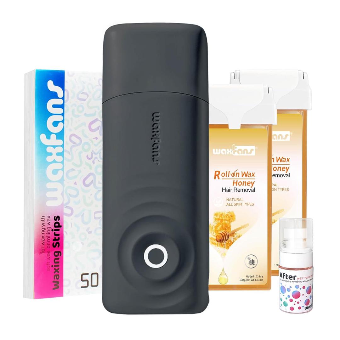 Roll on Wax Kit,Waxing Kit for Women & Men, At-Home Waxing Kit for Body, Face, Legs, Arms, 2 Wax Cartridges & 50 Waxing Strips Included. (Black)