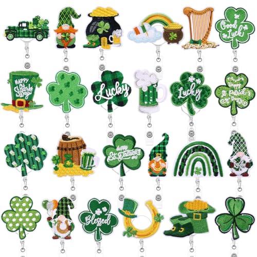 Landical 24 Pcs St. Patrick's Day Felt Badge Reel Retractable Irish Reels ID Badge Holder with Clip Green Shamrock Clover Holder for Nurses Doctor