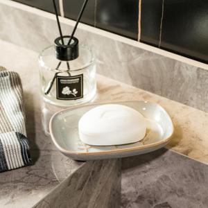 Ceramic Soap Dish Soap Holder, Soap Lift for Bar Soap Sponge, Shower Soap Dishes for Bathroom Kitchen Counter Soap Saver Tray Keep Dry, Dishwasher Safe (Leaf Design, Grey)