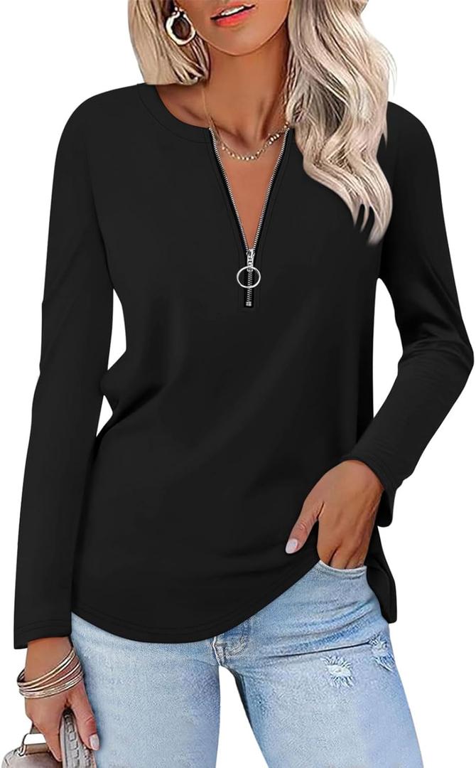Women's Long Sleeve Shirts Zipper Color Block V Neck Tunic Tops Casual Blouse (XX-Large)