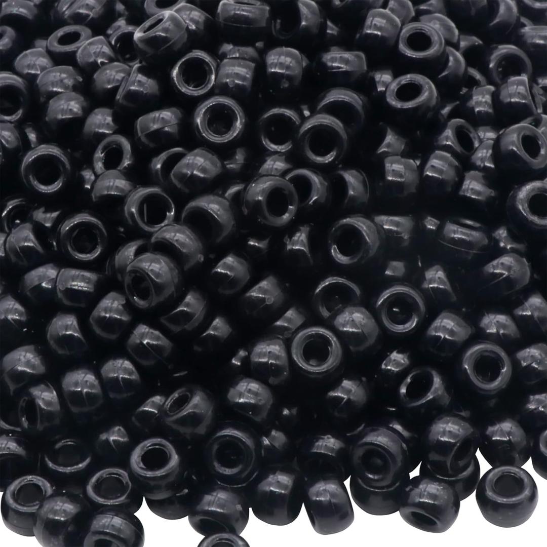 1000Pcs Pony Beads Bracelet 9mm Black Plastic Barrel Pony Beads for Necklace,Hair Beads for Braids,Key Chain,Jewelry Making (Black)