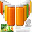 Ruckae 16oz 10 Pack Glass Juice Bottles with Dual Scale, Reusable Glass Bottles with Hole Lids and Straws Mason Jar for Juicing, Smoothies, Kombucha - Water Bottle for Fridge or Gym (Transparent)