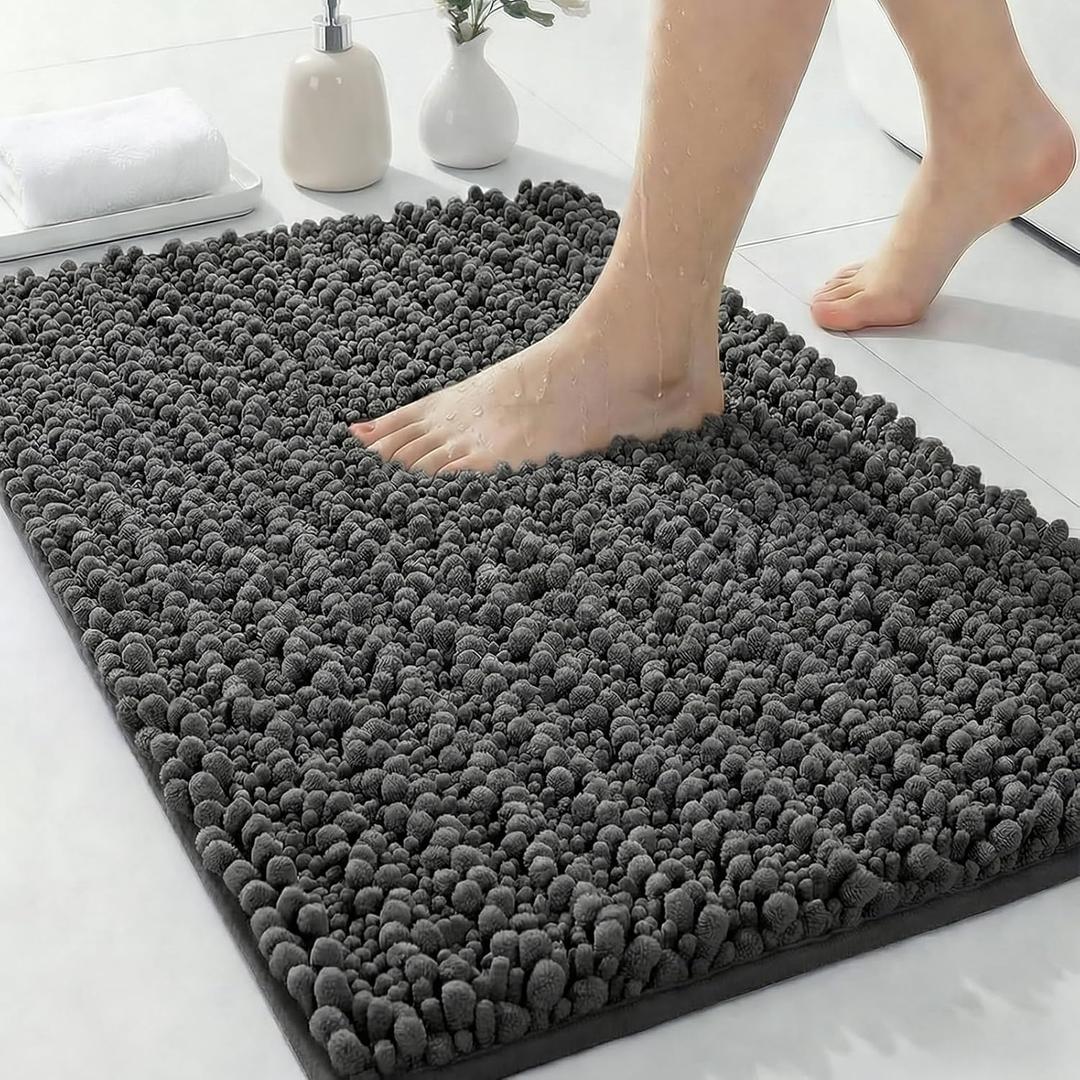ILANGO Bathroom Rugs Dark Grey 32x20,Extra Soft Absorbent Chenille Bath Rugs,Thick Non-Slip Shaggy Bath Mat,Machine Washable Quick Dry Bath Mats for Bathroom Floor, Tub, Shower Accessories