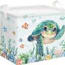 Clastyle Large Fish Sea Turtle Baby Basket Ocean Coral Seaweed Starfish Toy Book Shelf Basket Waterproof Pool Toy Beach Towel Storage Bin Collapsible Dirty Clothes Hamper, Blue, 40 * 30 * 30 cm