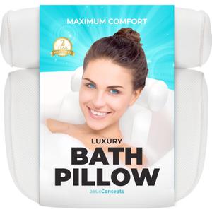 BASIC CONCEPTS Bathtub Pillow for Neck and Back Support with Drying Hook, Bathtub Pillow Machine Headrest for Soaking & Straight Back Tubs - Bath Accessories, Machine Washable, 6 Suction Cups (14x4x15 Inch (Pack of 1))