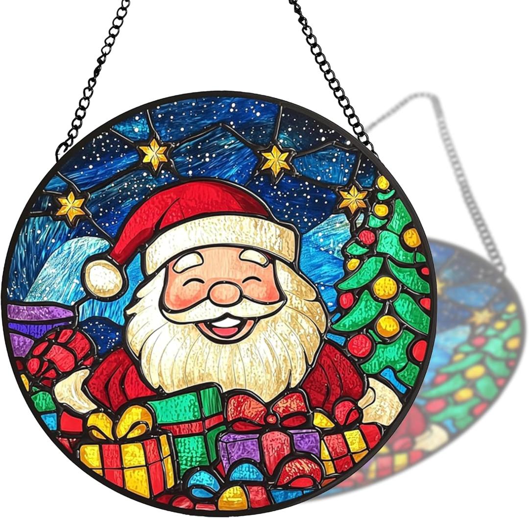 Stained Glass Window Hanging Decortions, Handmade Double-Sided 7.87''Hanging Wall Art Ornament, Birthday Gift for Mom Women Wife, Housewarming Gift(Santa)