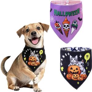 Halloween Dog Bandanas 2-Pack, Reversible Pet Costume Set with Pumpkin Scarf Bibs, Multi-Theme Patterns for Dogs, Cats, Puppies - Halloween Party Cosplay (Small)
