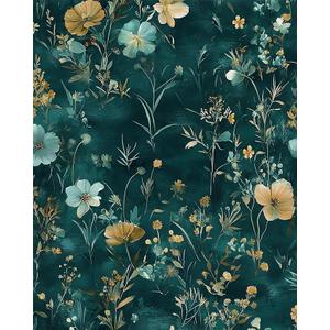 Vintage Floral Peel and Stick Wallpaper Boho Wallpaper 17.5''x393'' Teal/Blue/Yellow Wildflowers Vinyl Contact Paper Waterproof Self Adhesive Modern Stick on Wall Paper for Bedroom Wall Table Cabinet