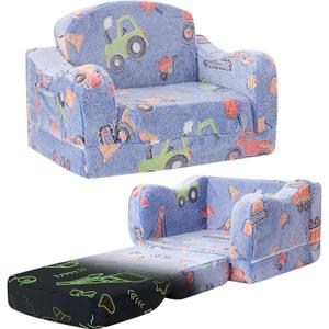 Thick Comfy Toddler Chair and Couch for Kids,2-in-1 Soft Plush Fold Out Sofa for Children,Convertible Couch to Lounger for Toddler, Car Excavator