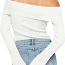 Goranbon Women's Off Shoulder Ribbed Knit Crop Sweaters Cute Wrap Long Sleeve Slim Pullover Jumper Tops (White)