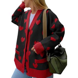 Saodimallsu Womens Oversized Heart Cardigan Color Block V Neck Button Long Sleeve Chunky Valentines Sweaters, Size L