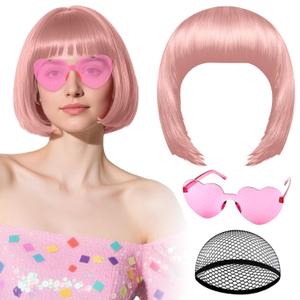 PLULON Lovely Pink Bob Wig with Heart Sunglasses Hair Cap, Colorful Short Bob Wigs Synthetic Party Wigs Funny Cosplay Hairpieces for Women Men Daily Bachelorette Halloween Costume Party Decorations