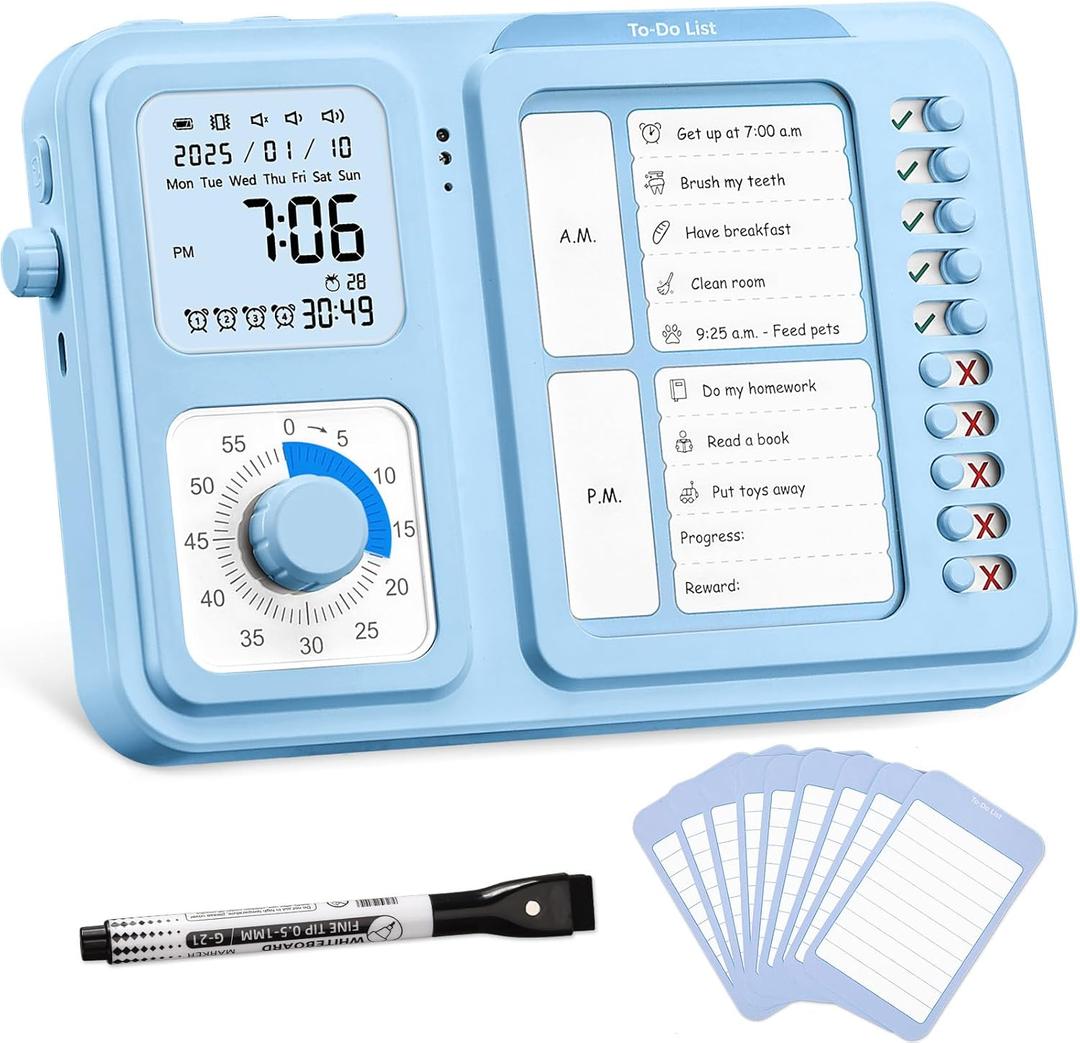 3-in-1 Visual Timer & ADHD Tool for Kids|Adults, Task Timer with Chore Chart Board, Visual Schedule for Kids with Autism, Daily Checklist for Home, School, Classroom, Desk (Blue)