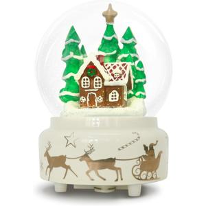Christmas Snow Globe Ceramic Base LED Light Musical Gingerbread Man House Snowflakes (Beige)