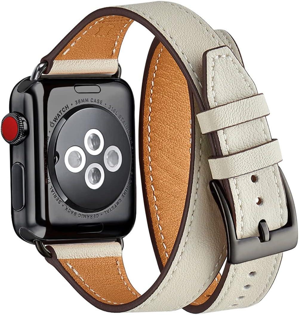 Bestig Bands Compatible with Apple Watch Band 40mm 41mm 38mm 42mm(Series 10 11) Women Men, Genuine Leather Double Tour Designed Slim Thin Strap for iWatch SE1/2/3 Ultra 3/2/1 Series 9 8 7 6 5 4 3 2 1 (IvoryWhite+Black)