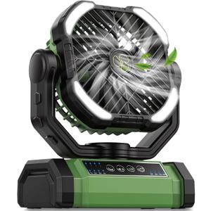 Camping Fan Rechargeable, 270Rotation Battery Powered Fans, Rechargeable Fan Portable with LED Light, 4-Speed Cordless Battery Operated Fans with Hanging Hook for Camping Tent Beach Outdoor - Green