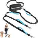 Hands Free Dog Leash for 2 Dogs with Pouch, Waist Leash for Dog Walking, Jogging, Hiking, Retractable Leashes with Dual Padded Handles, Adjustable Reflective Belt for Small, Medium, Large Dogs (Black/Blue)