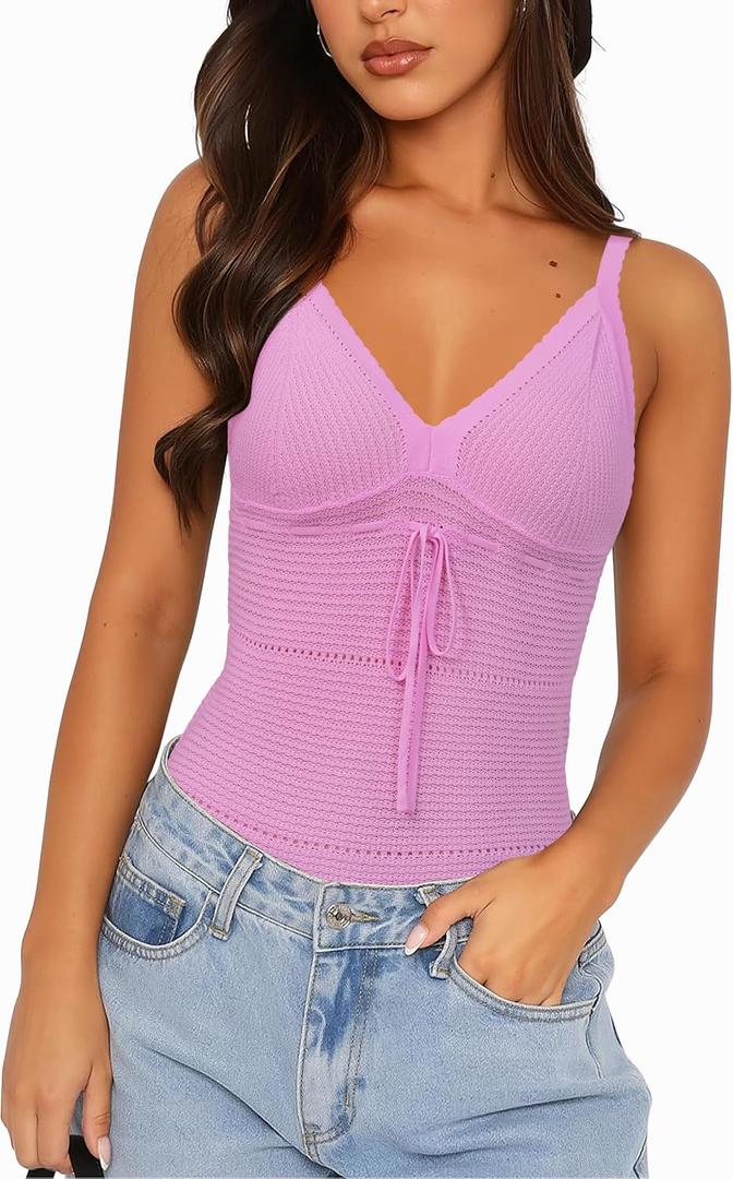 Arach&Cloz 2025 Women's Summer Boho Cami Tops V Neck Crochet Sleeveless Cute Tank Going Out Outfits Beach Vacation Clothes (Pink, L)