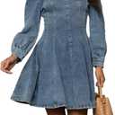 Conshvi Denim Shirt Dress for Women Long Sleeve Crewneck Denim Dresses 2025 Fall Cute A Line Mini Short Jean Dress (Blue) XL