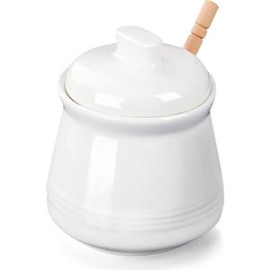 LEETOYI Honey Jar with Lid and Honey Dipper,Ceramic Honey pot,12oz (White)