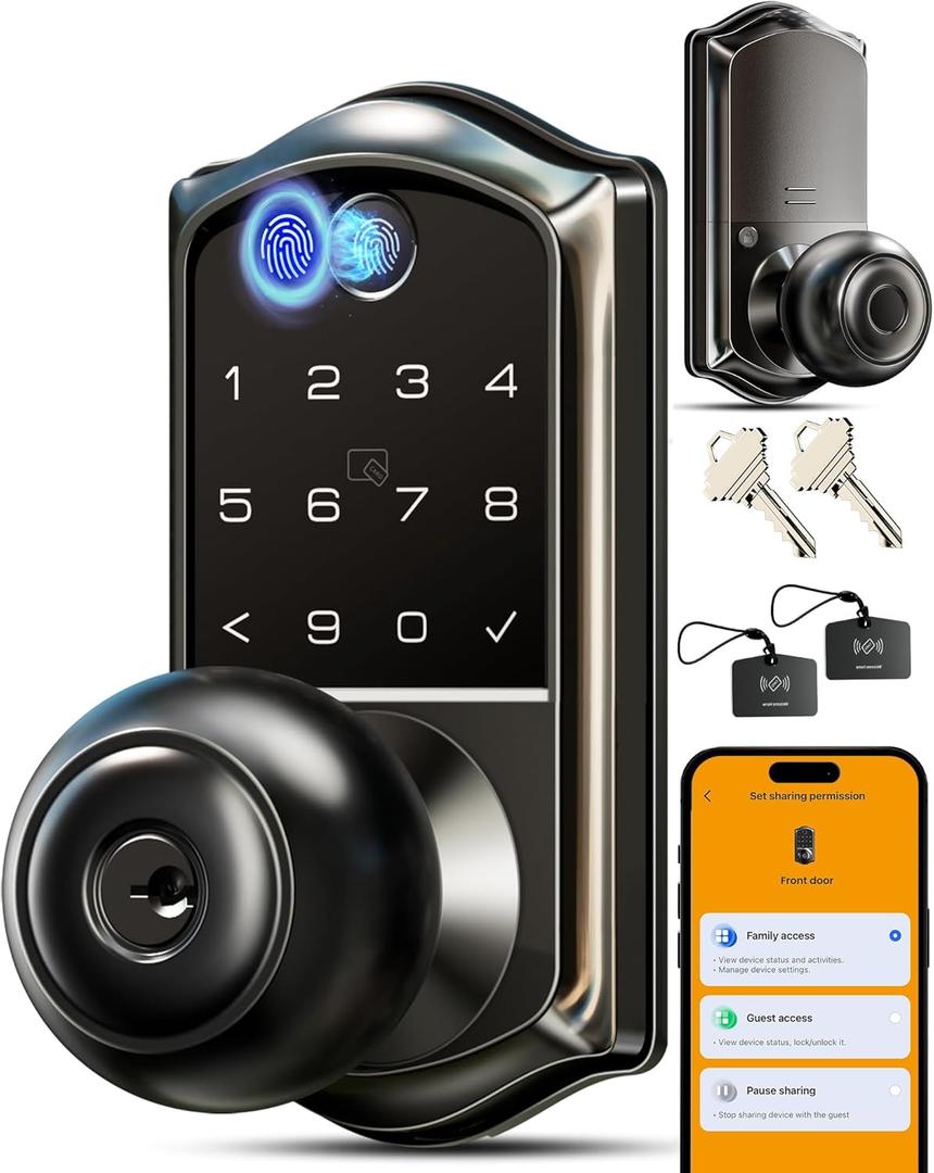 Veise VE018 Smart Knob Handle Lock - Fingerprint, App Control, Keyless Entry for Front Door and Bedroom, Electronic Digital Keypad, Auto Lock, Remote Access Sharing, IP55 Weatherproof, Matte Black