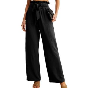 IWOLLENCE Women's Wide Leg Pants with Pockets High Waist Adjustable Knot Loose Casual Trousers Business Work Casual Pants (01 Pitch-black) XS