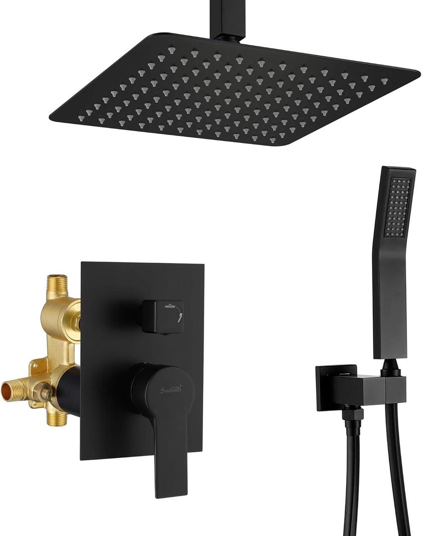 Ceiling Mounted Rain Shower System, SHAMANDA Luxury Brass Shower Faucet Set with 12 Inch Shower Head and Hand Shower(Including Rough-In Valve Body and Trim), Matte Black, LCM701-7