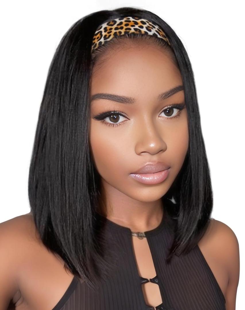QUEENTAS 12 Inch Headband Wigs for Black Women Black Natural Straight Synthetic Heat Resistant Hair for Daily Use Dating Wear and Go Glueless Bob Wig Shoulder Length (#1B)