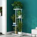 LINZINAR Plant Stand Indoor Outdoor Metal 4 Tier 5 Potted Multiple Flower Pot Holder Shelf Planter Display Shelving Unit for Patio Garden Corner Balcony Living Room (4 Tier 5 Potted, White)