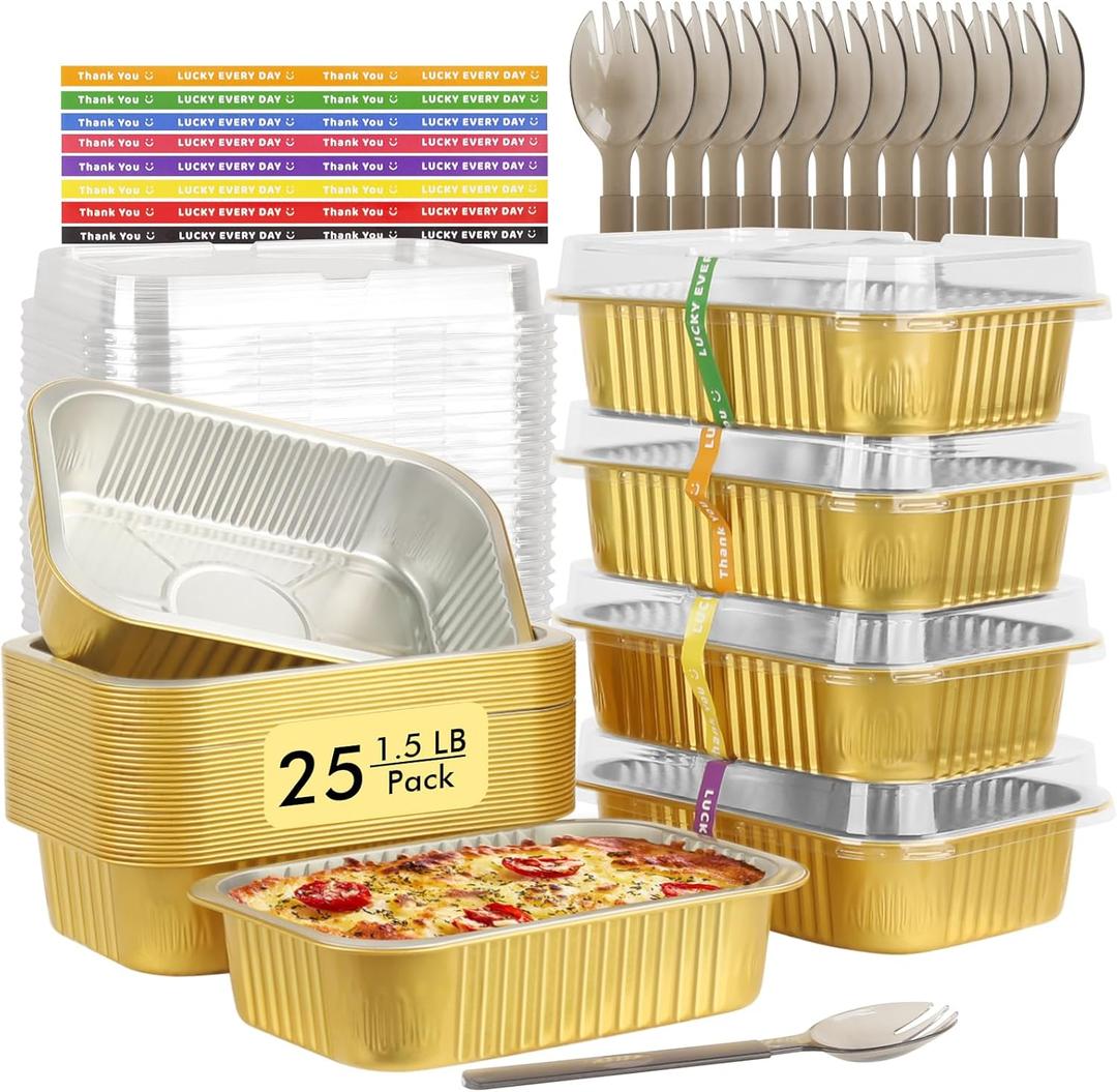 LNYZQUS 1.5lb Small Foil Pans with Lids 25 Pack, 7 x 5 Individual Baking Tins Leftover Containers,24oz Aluminum To Go Baked Food Containers Large Loaf Cake Pans Take Out Holders-Gold