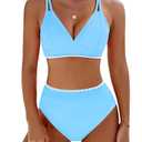 BMJL Women's Bikini Sets V Neck High Waisted Swimsuits Shell Stitched Cheeky Two Piece Bathing Suit(M,Light Blue)