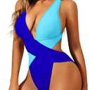 Sexy One Piece Swimsuit,Plunge Backless Color Block Swimsuits for Women,High Cut Scrunch Butt Monokini Beach Pool (X-Small, Blue)