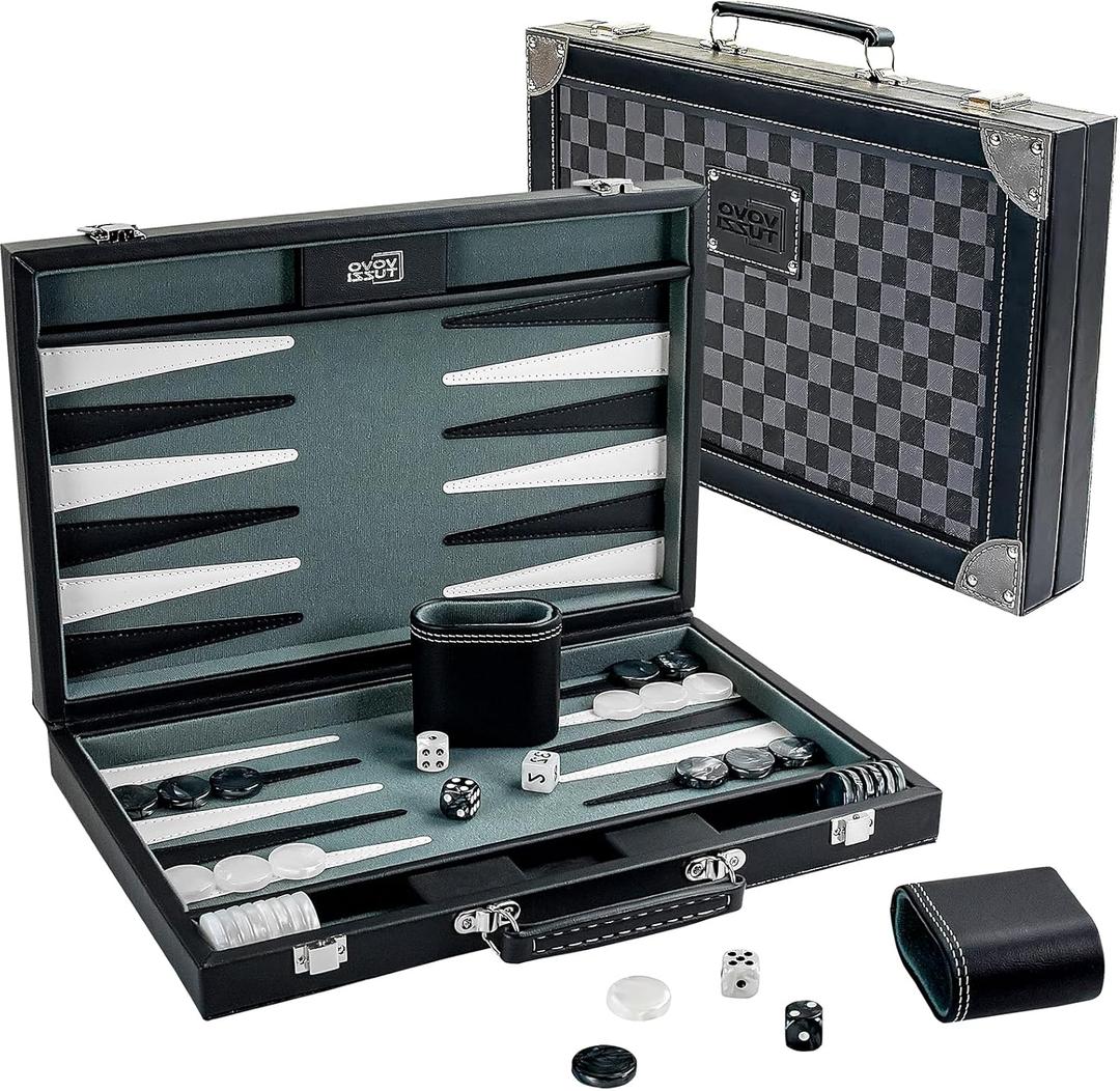 Backgammon Sets for Adults, 15 Inches Backgammon Board Games for Adults, Leather Backgammon Sets for Family & Travel, Checkerboard Design, Grey and Black
