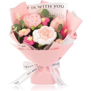Crochet Flower Finished BouquetHandmade Roses Bouquet,Knitted pink Yarn Flower as a Gift and Home Decor for Lover, Family, Friends 