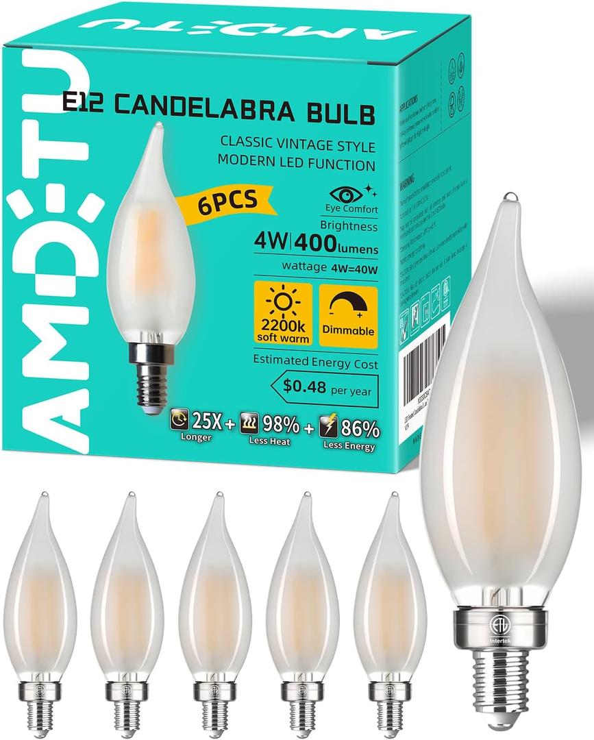 E12 Type C 2200k 40 Watt Equivalent Frosted LED Bulb Candelabra Candle Dimmable Small Base Chandelier Light Ideal for Dining Rooms Living Rooms and bedrooms Long Lasting Light for Cozy Settings (4w=40w 2200k Soft Warm)