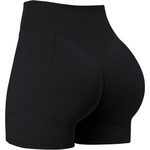 Sunzel Hidden Butt Lifting Scrunch 4 Inch Biker Shorts with Pocket Women No Front Seam High Waist Tummy Control Yoga Shorts (Large, Black)