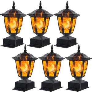 Dynaming Solar Flame Post Lights Outdoor, Solar Powered Lamps Fence Post Cap Lights, Flickering Flame LED Lantern Decorative Waterproof for Garden Deck Patio, Fit 4x4, 5x5 or 6x6 Wooden Posts, 6 Pack (Black)