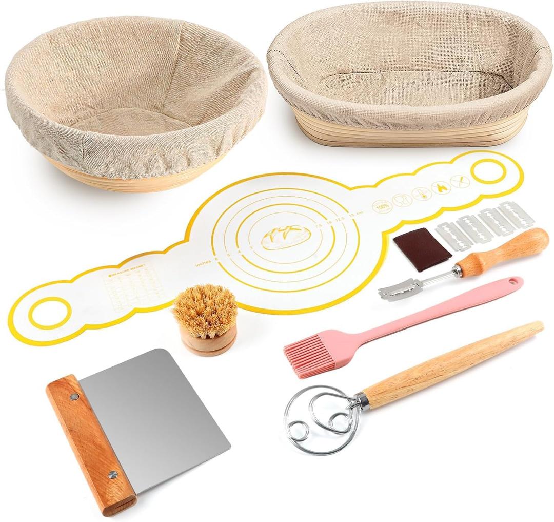Bread Proofing Baskets Set of 2, 10 inch Oval & 8.5 inch Round Dough Proofing Bowls w/Liners Perfect for Sourdough Bread Baking, Bakers Baking, Gifts for Bakers, Bread Making Kit