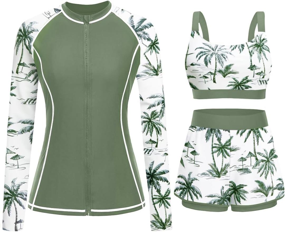 3 Piece Rash Guard for Women - Long Sleeve Swimsuits with Shorts SPF Zip up Swim Shirt with Built in Bra (X-Large, Green Palm Tree)