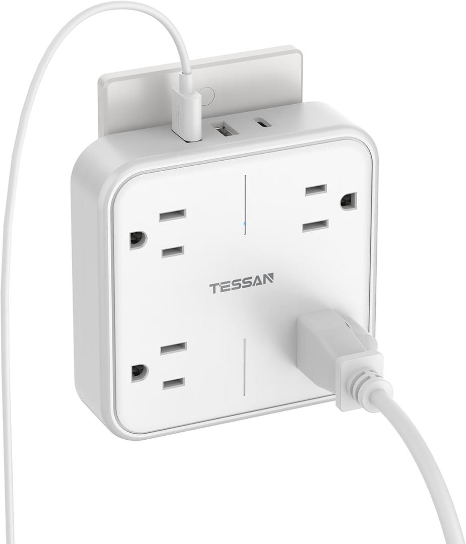 TESSAN Multi Plug Outlet Extender, Surge Protector Splitter with 3 USB (1 USB C Port) Wall Charger, Multiple Expander for Travel, Home, College Dorm Room, White