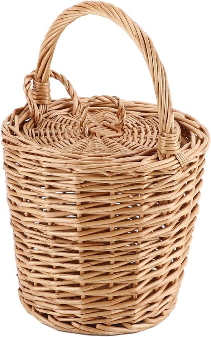Small Wicker Basket, Round Storage Bin with Handle and Lid for Cell Phones Toys Sundries
