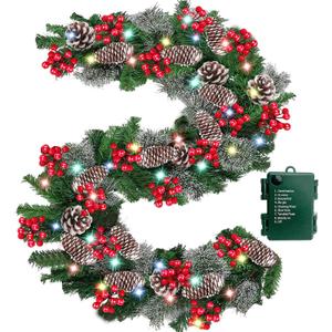Timer - 9Ft by 10 Inch Prelit Christmas Garland with 50 Colorful Lights, Thick 270 Snowy Tips 70 Red Berry 10 Pinecone Battery Operated 8 Mode Real Touch Cedar Valentines Garland Mantle Indoor Outdoor