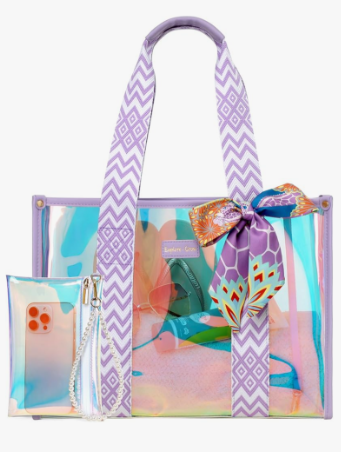 F-color Iridesent Beach Bag for Women, Beach Tote Sandproof Waterproof TPU, Holographic Pool Bag with Phone Pouch for Travel