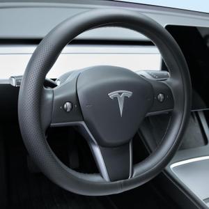 Nappa Leather Steering Wheel Cover for Tesla Model 3/Y 2016-2025 2026 Juniper/Highland, Non-Slip Breathable Tesla Model 3/Y Steering Wheel Protector, Black